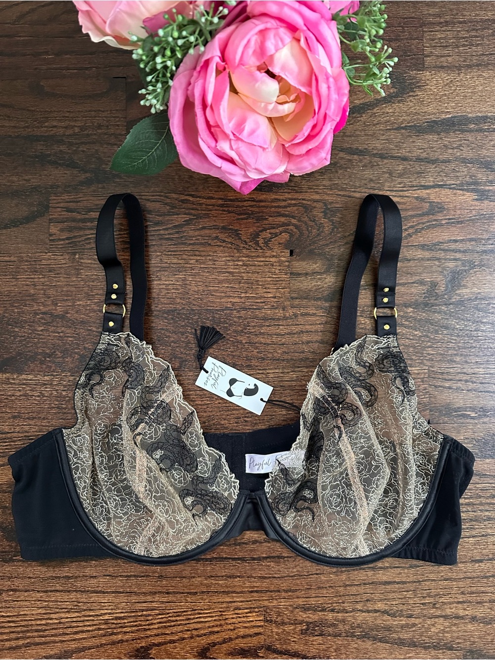 Playful Promises Amal Gold & Black Embroidered Plunge Bra, 44DD/E